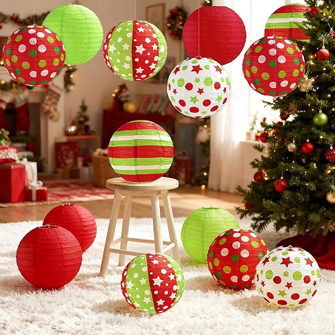 12 Pcs Red Green Christmas Hanging Paper Lanterns 8 Inch Christmas Party Lanterns Indoor Outdoor Decorative for Xmas Holiday Party Baby Shower Birthday