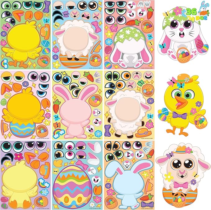 JOYIN 36 Sheet Easter Stickers Match Make a Face Stickers with Chick Bunny Sheep Egg Pattern, for Kids, Decorations for Water Bottle, Basket Stuffers,Classroom Prizes Easter Egg Hunt