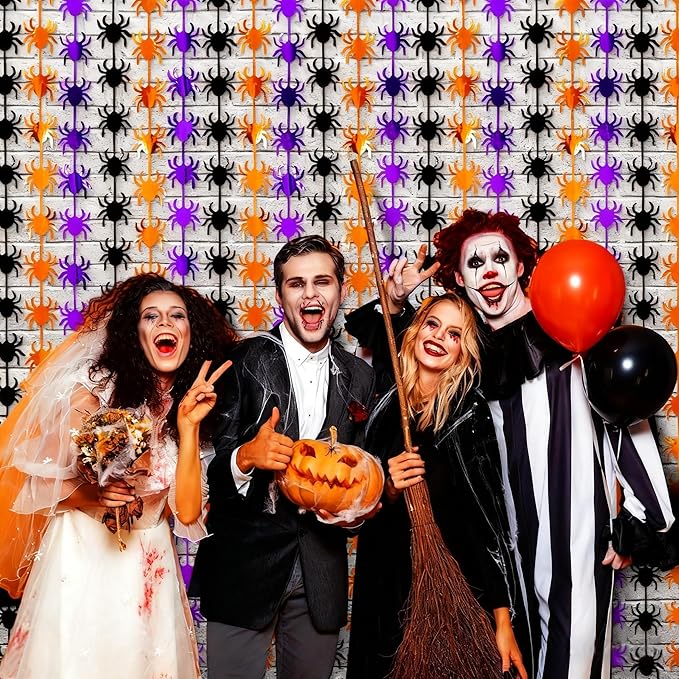 Halloween Party Decorations,2 Pack Orange Purple Black Spider Metallic Foil Fringe Curtains, 3.3 X 6.6 Ft Photo Booth Props Streamers Backdrop for Halloween Party Supplies Haunted House Decor