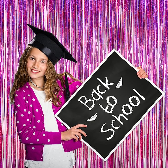 Melsan Hot Pink Tinsel Foil Fringe Curtains, Rose Red Sparkle Photo Backdrop 3.2 ft x 8.2 ft for Birthday Disco Bachelorette Party Decorations, 2 Pack
