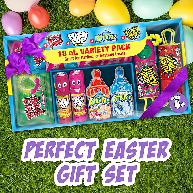 Bazooka Candy Brands Easter Candy Variety Pack, 18Ct Assorted Candy Lollipops, Bulk Individually Wrapped Ring Pop, Push Pop, & More, Birthday Party Favors, Easter Basket Stuffers, Egg Fillers, Gifts