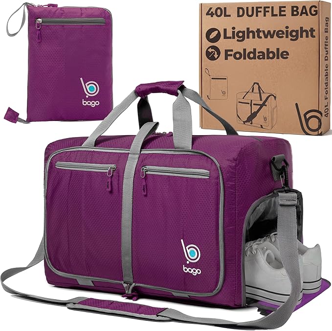 Bago Compact Duffle Bag for Travel Women & Men. Durable Lightweight Foldable Travel Duffel Bags For Traveling Women. 40L Duffle Bags a Reliable Weekender duffel or Overnight Bag With Shoe Compartment