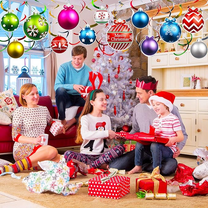 50 Pcs Christmas Foil Hanging Decorations Set Swirl Xmas Holiday Light Bulb Ball Hanging Swirls Ceiling Decorations for Indoor Outdoor Xmas Holiday Party Supplies