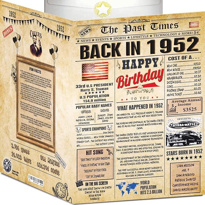 74th Birthday Cards for Men & Women - Back In 1952 Newspaper (Bday Card + Envelope) Large HAPPY BIRTHDAY Decorations for Her Him Vintage Funny card for Wife Husband & Grandparents 74 years
