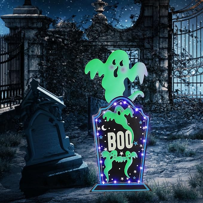 Joliyoou Halloween Yard Stake, 26.4" Solar Lighted Metal Tombstone with Glow in The Dark Ghosts, 18 LED Purple Lights Spooky Yard Sign for Outdoor Front Door Yard Lawn Garden Decors