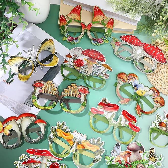 Pajean 36 Pcs Enchanted Forest Party Decorations Mushroom Themed Eyeglasses Wild Mushrooms Paper Glasses Photo Booth Props Frame Favors for Woodland Shower Birthday Party Decor Supplies