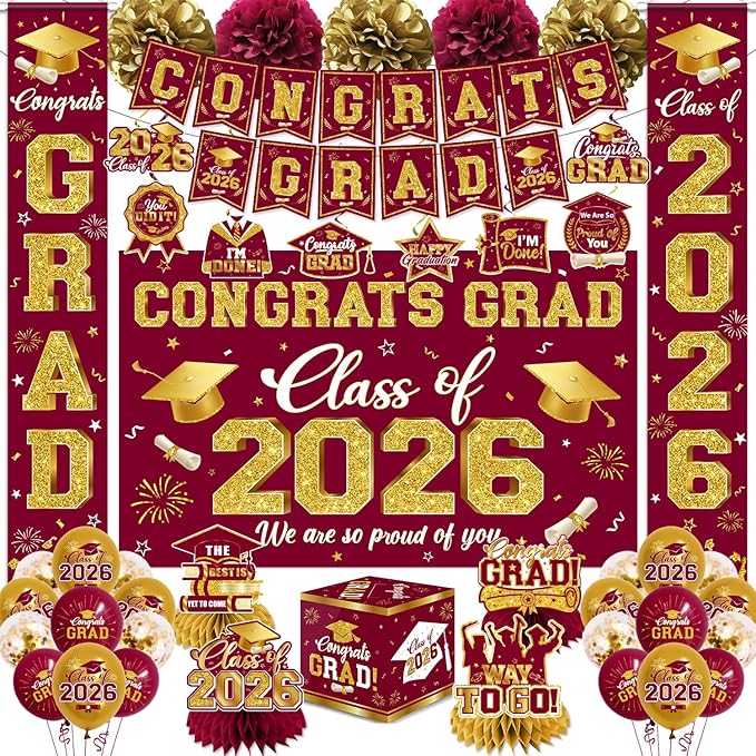 2026 Graduation Decorations - Red Congrats Grad Party Supplies include Card Box, Backdrop, Banner and Balloons for Class of 2026 Decorations Set
