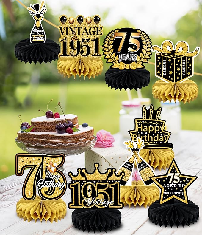 9 Pcs 75th Birthday Decoration 75 Birthday Party Decorations for Men Women 75 Years Birthday Tables Decorations Cheers to 1950 Centerpieces Honeycomb Black and Gold 75th Birthday Party Favors
