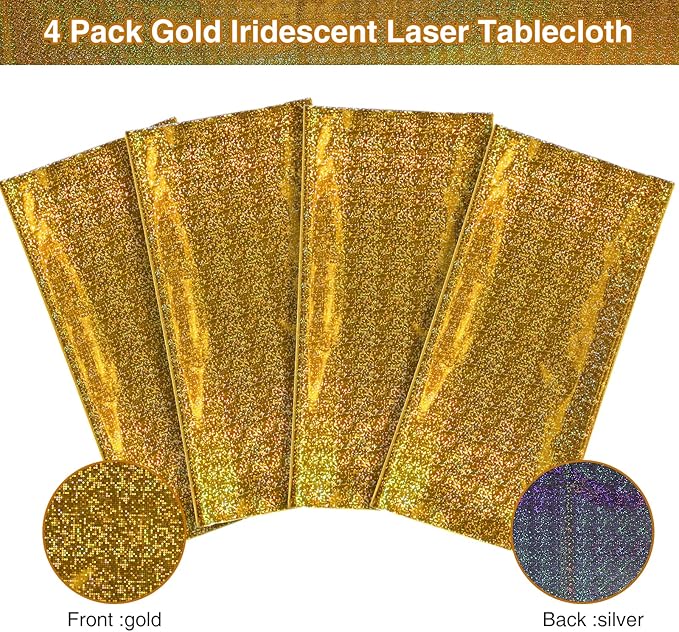 4 Pack Iridescence Plastic Tablecloths Shiny Disposable Laser Rectangle Table Covers Holographic Foil Tablecloth Iridescent Party Decoration Birthday Bridal Wedding Christmas 54" x 108" (Gold)