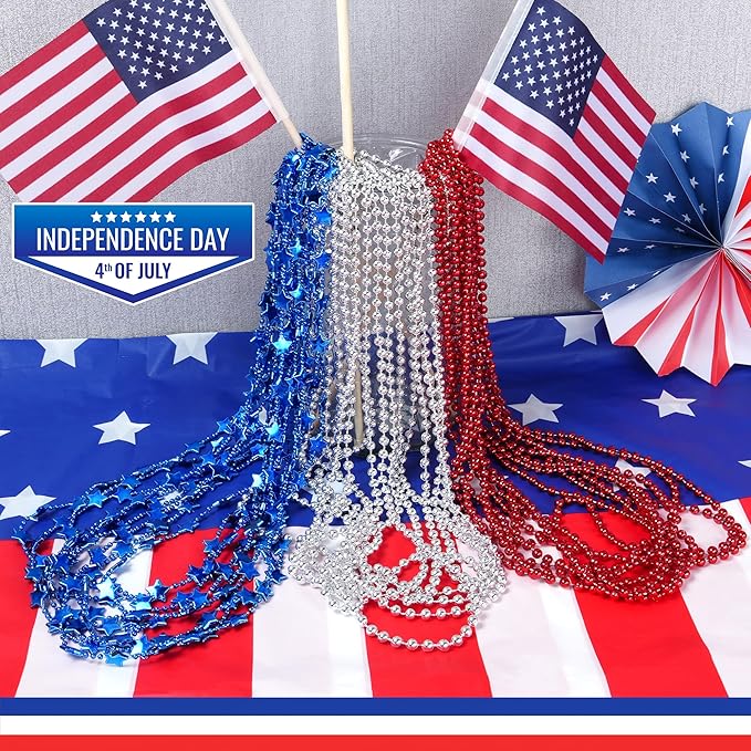 HOOSUN 4th of July Beads Necklaces,24 Pcs Patriotic Beads Necklaces Red Silver and Blue Accessories,Fourth of July Decorations,Memorial Day Accessories for Party Favors, Parades,Party Decor Supplies
