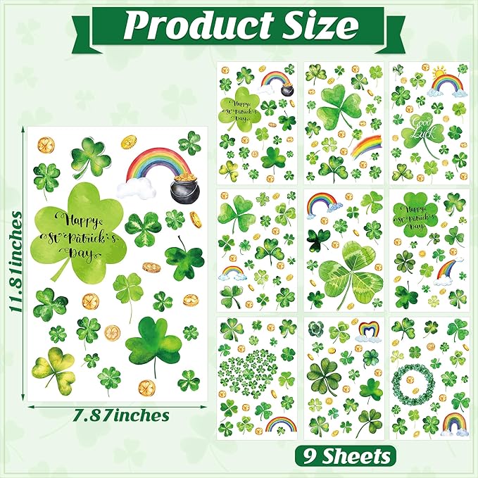 9 Sheets St Patrick's Day Window Clings, 217 PCS Green St Patricks Day Shamrock Window Stickers with Coins Rainbow, Double Sided Static Window Clings for Glass Windows St Patricks Day Decorations