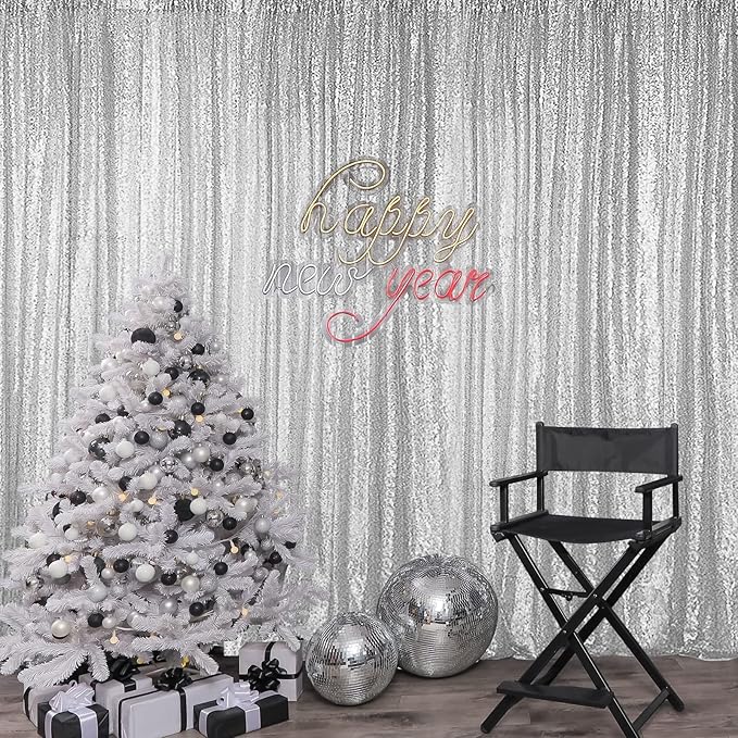 Hahuho Silver Sequin Backdrop Curtain, 2PCS 2FTx8FT Glitter Backdrop Curtain for Parties, Christmas, Wedding, Party Decoration（2 Panels, 2FT x 8FT, Silver