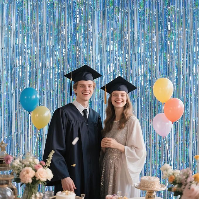 Light Blue Metallic Streamer Backdrop with Glitter Tinsel,3.28 x 6.56ft Foil Fringe Curtains for Gender Reveal & Ocean Theme Wall Hanging Party Supplies, Birthday/Wedding/Photoshoot