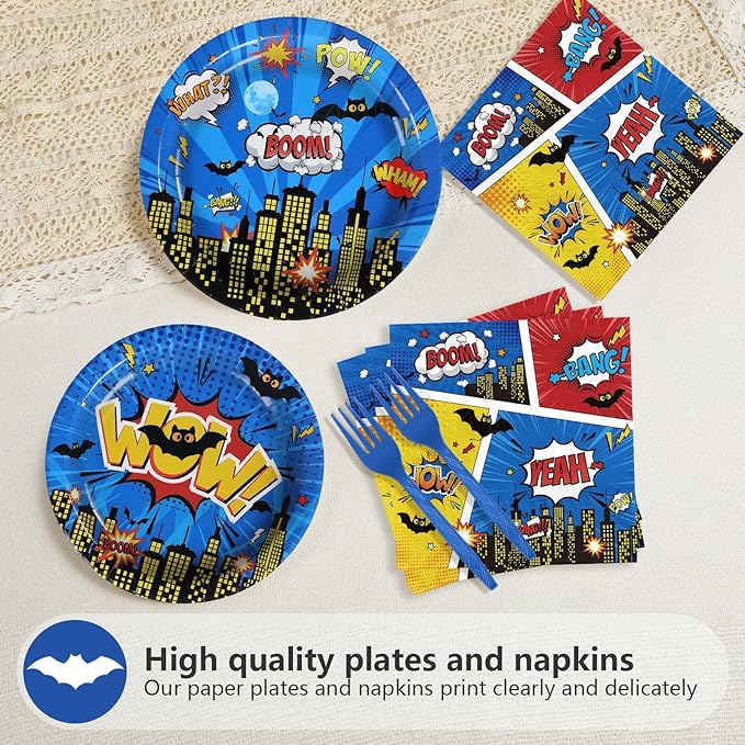 Grencian 96Pcs Super Theme Hero Birthday Party Decoration Hero's Action Sign Cityscape Plates and Napkins Blue Comic Hero Tableware Sets for Boys Baby Shower Cartoon Spider Party Favors Serve 24