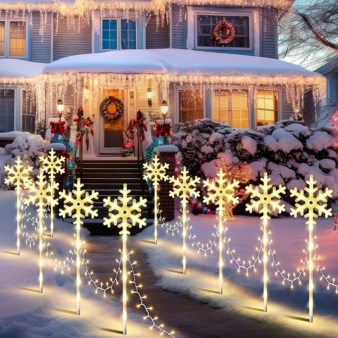 10 Pcs Christmas Snowflake Pathway Stake Lights for Outdoor Yard, 370 Bright LEDs Waterproof Large Christmas Snowflake Light Decoration for Garden Lawn Driveway Walkway Decor (Warm White)
