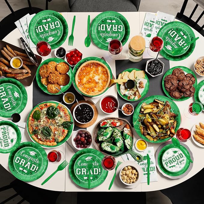 Graduation Party Supplies Congrats Grad Plates and Napkins Set Disposable Tableware Paper Plates Napkins Cups Knives Spoons Forks Straws for Class of 2026 Graduation Party Decorations Serve100 (Green)