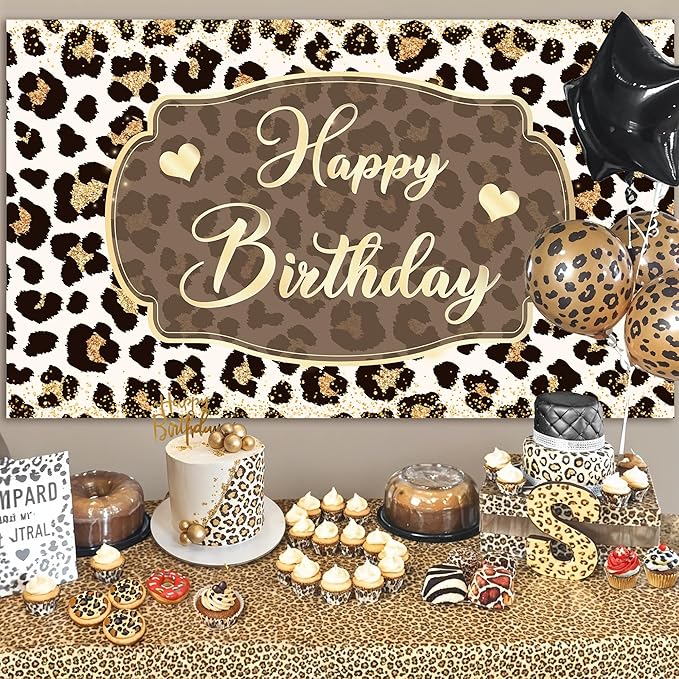 Leopard Happy Birthday Backdrop 5 x 3 Ft Cheetah Print Birthday Decorations Backdrop Banner for Women Girl, Cheetah Leopard Party Decorations for Wall, Photography Background Decor