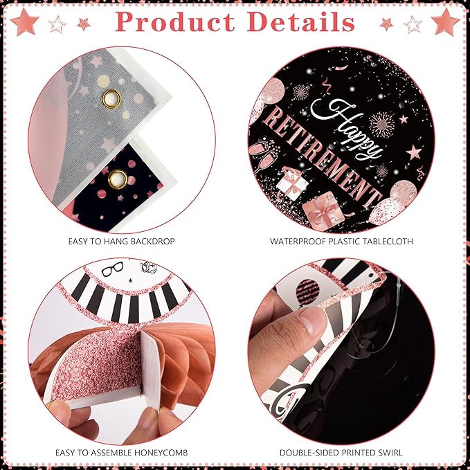 Retirement Party Decorations for Women 109Pcs Rose Gold Black Happy Retirement Decorations Retired Banner Backdrop Balloons Sash Hanging Swirls Pompoms Tablecloth Honeycomb Centerpiece(Rose Gold)