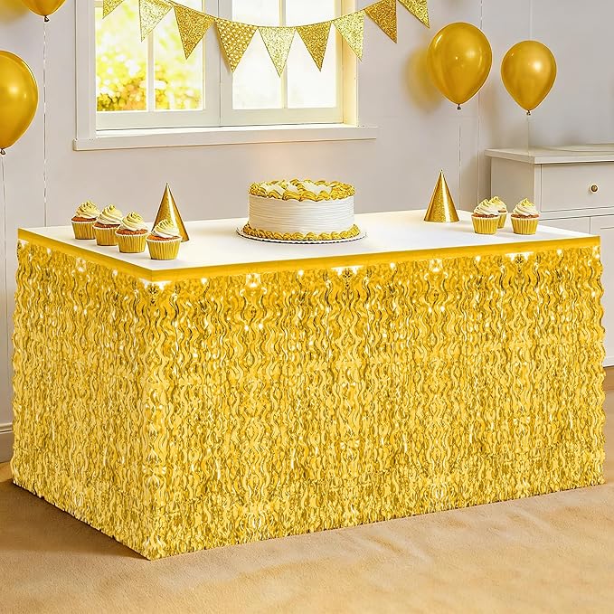 Table Skirt, 2 Pack Gold Foil Grass Table Skirt, New Years Metallic Wavy Tinsel Foil Fringe Table Skirts, Table Skirts for Irish Holiday Mardi Gras Graduations New Years Birthday Party Decor
