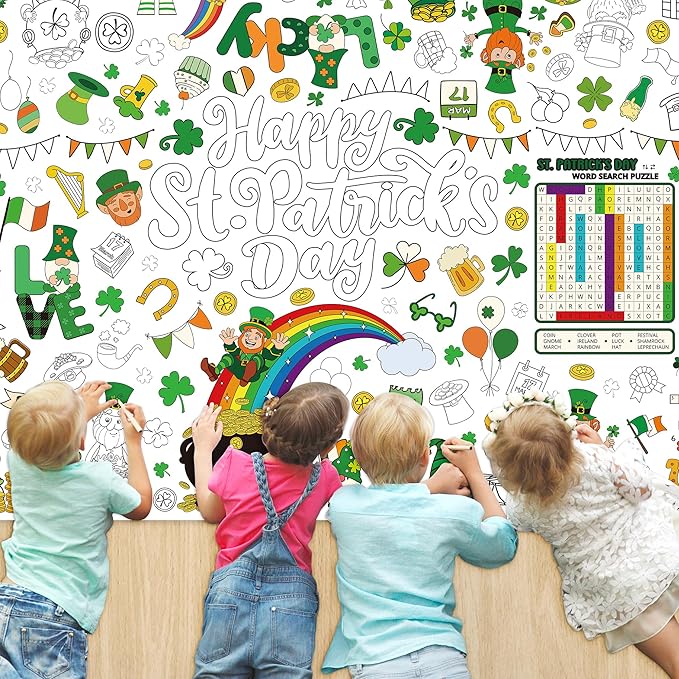 QZYL 54" x 108" Coloring St Patricks Day Crafts, Giant Coloring Table Cloth for Kids, Painting Poster Art Activities Banner Disposable St Patrick's Day Crafts for Home Classroom St Paddys Decorations