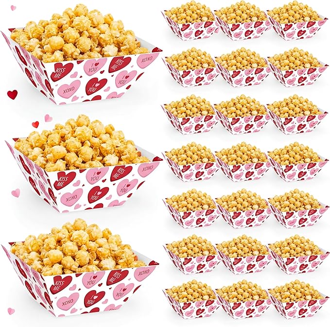 Marspark 24 Pcs Valentine's Day Popcorn Boxes Disposable Paper Bowls Sweet Hearts Popcorn Tray Containers Valentines Party Supplies Galentines Decoration Heart Treat Snack Bowl for Wedding Engagement