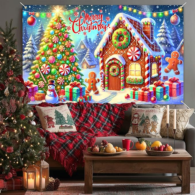 Gingerbread Christmas Backdrop 71x43 Inches Snowman Tree Scene Banner Holiday Photography Background Indoor Outdoor Merry Christmas Decoration for Wall Party Display