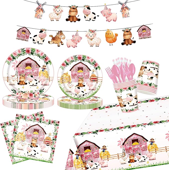 194Pcs Farm Animals Party Supplies Tableware Set for 24 Guests, Cute Watercolor Farm Theme Birthday/Baby Shower Includes Tablecloths, Plates, Cutlery, Banner - Barn Animal Party Decorations