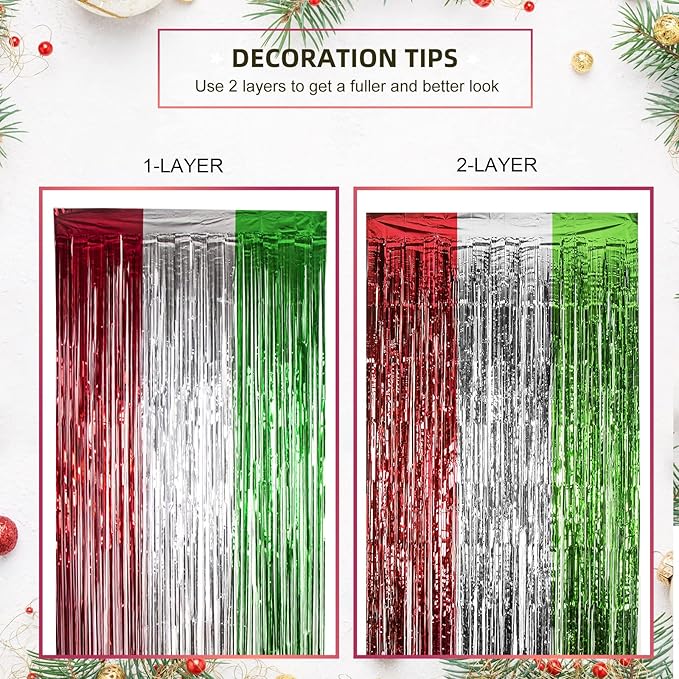 LOLStar 5 Pack Christmas Foil Fringe Curtains Decoration 3.3 X 6.6 ft Red Silver Green Tinsel Fringe Photo Backdrop Streamer for New Year, Ugly Sweater Party