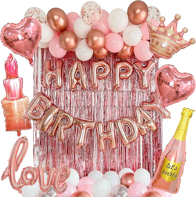 VIDAL CRAFTS 71-Piece Rose Gold Birthday Decorations for Women - Party Backdrop with Latex, Foil & Confetti Balloons, Happy Birthday Decorations Banner & Rose Gold Foil Fringe Curtains