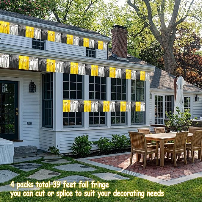 4 Packs Total 39 Ft Parade Floats for Trailer Car, Black Gold Silver Foil Fringe Garland Tinsel Streamers Banner Table Skirts for Graduation Homecoming New Year's Eve Birthday Party Decor