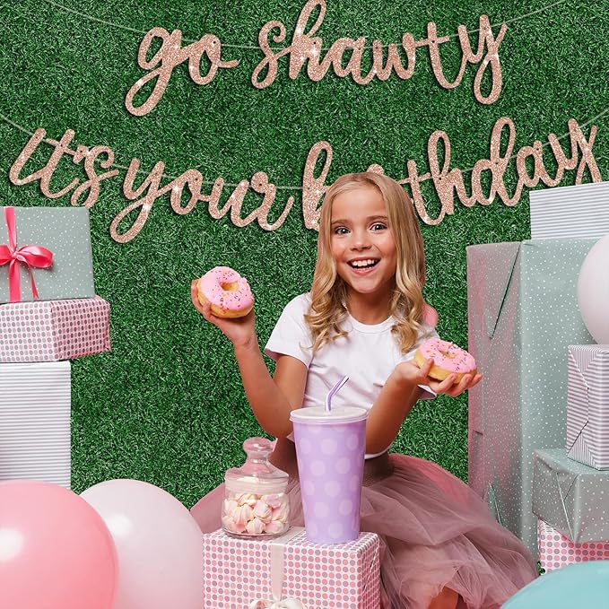BEISHIDA Rose Gold Go Shawty It's Your Birthday Banner - NO DIY - Hip Hop Theme Glitter Happy Birthday Banner - Pre-Strung - Rose Gold Rap Theme Happy Birthday Sign for Man Women birthday Party Supply