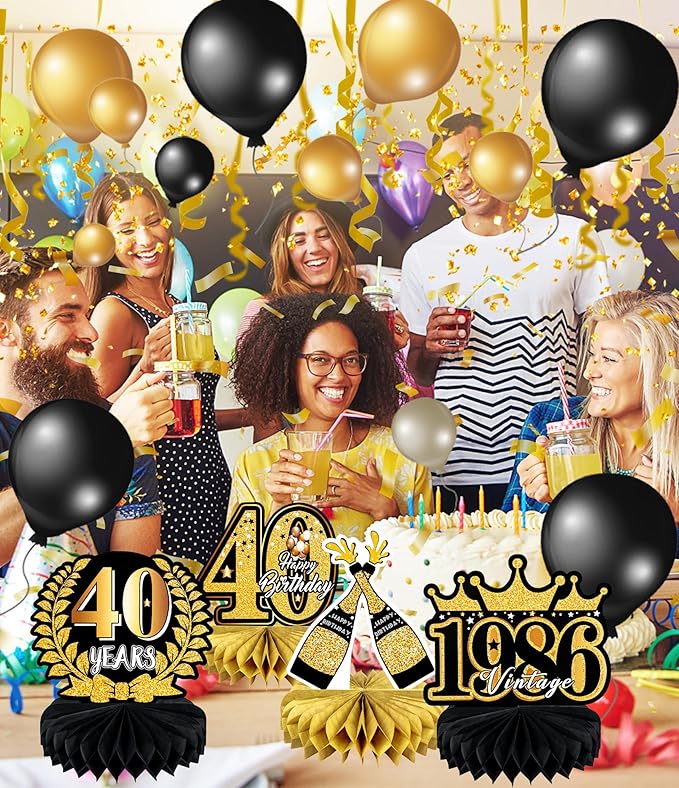 9 Pcs 40th Birthday Decoration for Men Women Happy 40th Birthday Table Decorations Cheers to 40th Honeycomb Centerpieces Birthday Party Decorations Black and Gold 40th Birthday Party Favors
