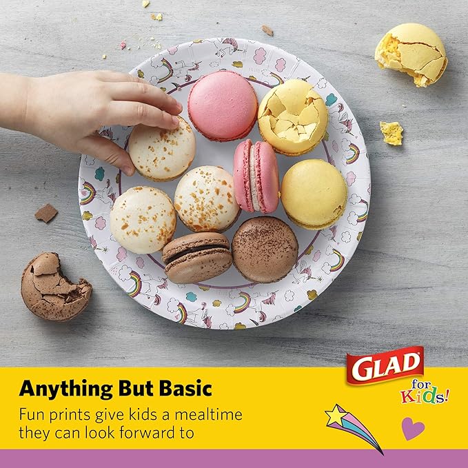 Glad for Kids Unicorn Theme Kids Plates, Heavy-Duty Round Disposable Paper Plates with Soak-Proof Coating, Microwave Safe for Snacks & Meals, Cute Unicorn Print, 8.5 Inch, 20 Count - 6 Pack