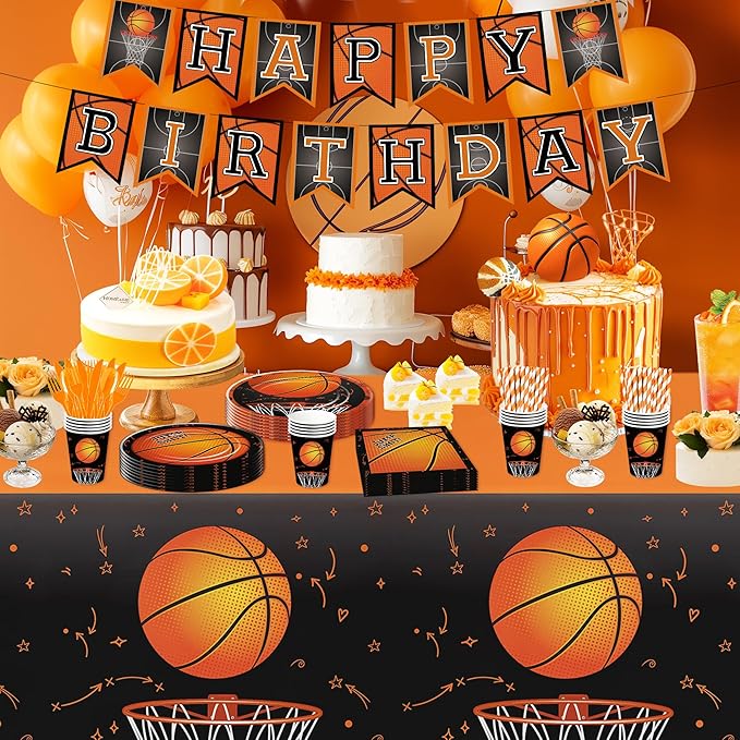Basketball Party Decorations Tableware - Sports Theme Basketball Birthday Party Supplies, Paper Plate, Cup, Napkin, Tablecloth, Disposable Cutlery, Banner | Serves 24