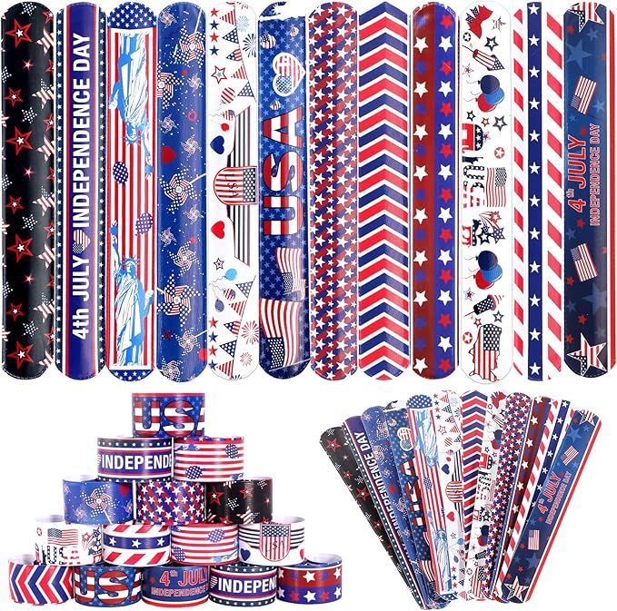 MGparty 4th of July Accessories, 48PCS Patriotic Slap Bracelets Toys for Kids, Fourth of July Decorations Party Favors Memorial Day Supplies Classroom Prizes Gifts Accessories