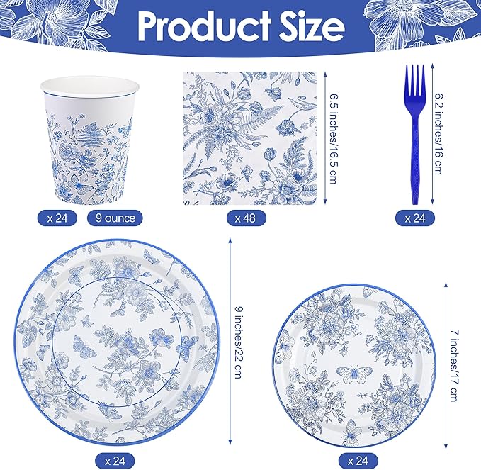 Kochorie 144 Pieces Floral Party Supplies, Blue and White Flower Tableware Sets Including Disposable Paper Plates Napkins Cups Forks Serves 24 for Wedding Baby Shower Birthday Party Decorations