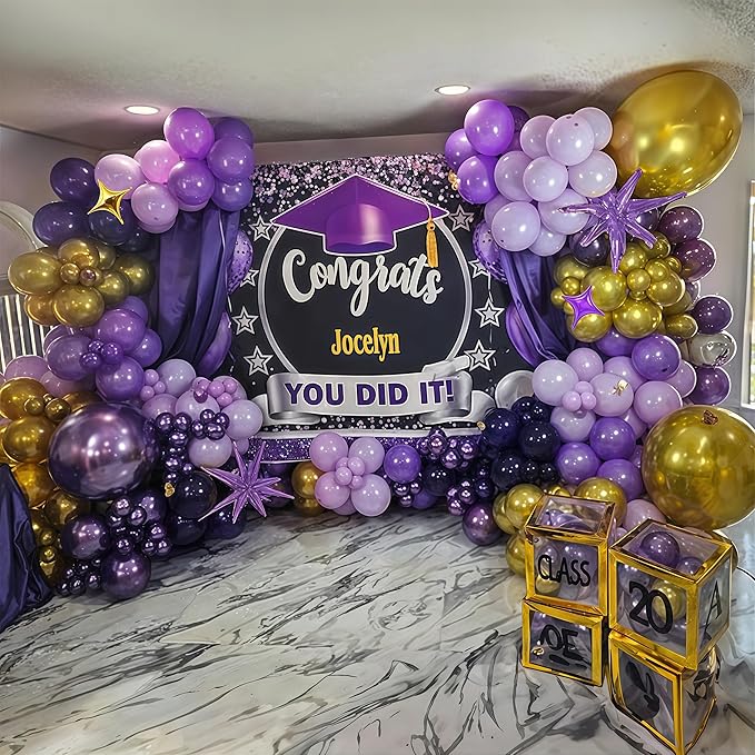 Purple and Gold Balloon Arch Kit Graduation Decorations 2026, 110Pcs Purple Balloon Garland with Explosion Foil Star Metallic Dark Violet Lavender Lilac Birthday Party Balloons for College School Prom
