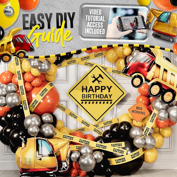 ALL-IN-1 Construction Balloon Arch Kit with BONUS Caution Tape & Truck Balloons - Construction Balloons for Excavator Birthday Decorations - Construction Birthday Party Supplies & Decorations