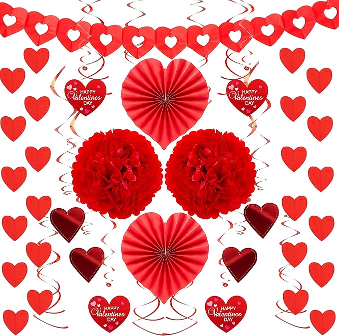 JOYIN 27 Pieces Valentines Day Swirl String Cutout, Decoration Kit with Heart Shaped Garland, Tissue Fans,Tissue Poms, Heart String, Double Swirls and Other for Valentines Party Wedding Anniversary