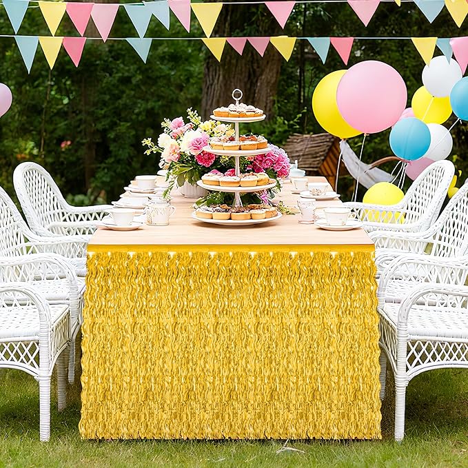 Table Skirt, 2 Pack Gold Foil Grass Table Skirt, New Years Metallic Wavy Tinsel Foil Fringe Table Skirts, Table Skirts for Irish Holiday Mardi Gras Graduations New Years Birthday Party Decor