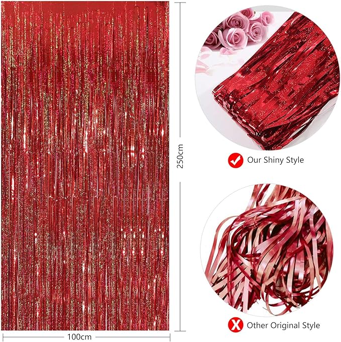 Metallic Tinsel Curtains, 2 Pack 3x8ft Foil Fringe Backdrop for Birthday & Graduation Decorations, Red