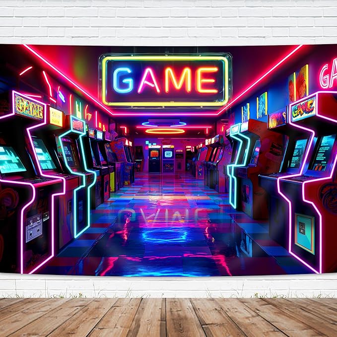 Imirell Arcade Game Neon Backdrop 7Wx5H Feet Retro Gaming Gamer Themed Colorful Glow Polyester Fabric for Kids Teen Boy Playroom Game Center Photography Backgrounds Photo Shoot Decor Props Decoration