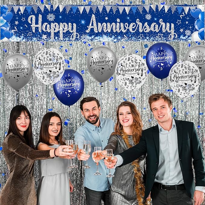 Blue Happy Anniversary Decorations for Men Women, Silver Blue Happy Anniversary Banner and 18pcs Balloons Party Decor for Wedding Anniversary Decorations Kit Supplies