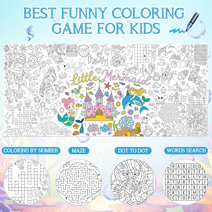 Mermaid Giant Coloring Poster for Kids 30 x 72 Inch, Large Coloring Poster Sheets Tablecloth, Mermaid Themed Color-in Activities Games for Kids School Classroom Home Party Supplies Decorations