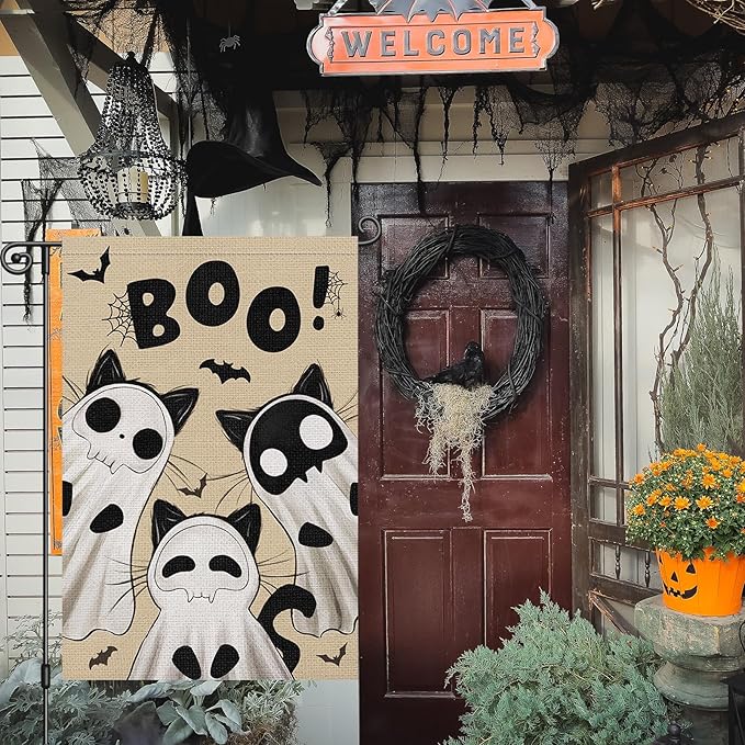 Heyfibro Ghost Black Cat Halloween Garden Flag 12x18 Inch Double Sided Cute Boo Yard Flag Burlap Spooky Small Halloween Flags for Outside House Yard Farmhouse Holiday Decoration