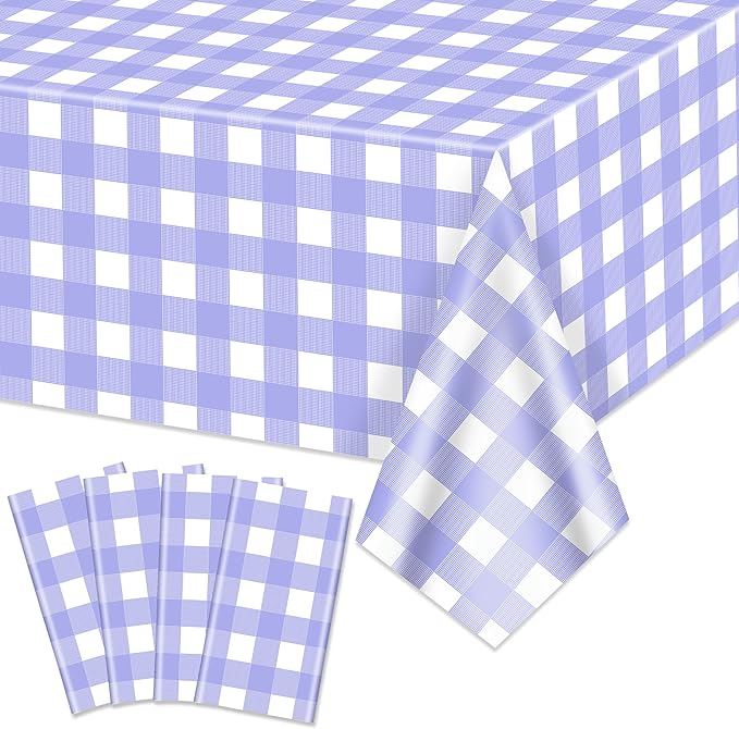 4 Pack Purple Gingham Tablecloths, Purple and White Checkered Tablecloths 86 x 51 Inches Gingham Tablecovers Rectangular Waterproof Picnic Table Covers for Birthday Party Supplies