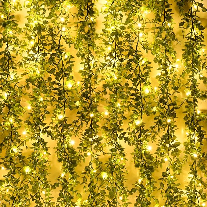 Dolicer 5 Packs Eucalyptus Garland with LED Lights String, 30Ft Faux Eucalyptus Greenery Garland, Artificial Hanging Green Eucalyptus Leaves Vine Wedding Backdrop Arch Wall Table Decor (Grey Green)