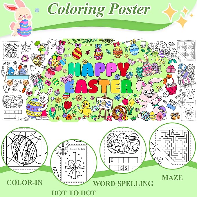 Easter Giant Coloring Poster 30 x 72 Inches Jumbo Coloring Tablecloth Easter Crafts for Kids School Home Party Supplies Decoration