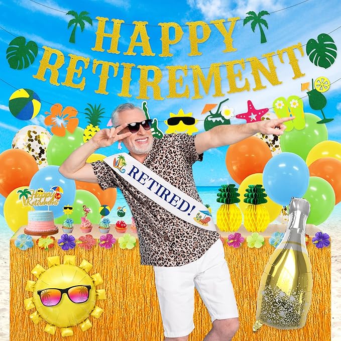 Tropical Hawaiian Luau Retirement Party Decorations, Summer Beach Pool Happy Retirement Party Supplies (Retirement Banner Garland Cake Topper Set Balloon Set Paper Lanterns Retired Sash)