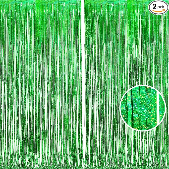 BRAVESHINE Green Party Streamers Backdrop - 2 Pack 3.2 x 8.2ft Metallic Tinsel Foil Fringe Curtains for St Patricks Day/Birthday/Hawaiian/Luau/Dinosaur/Football/Graduation/Christmas Party Decorations